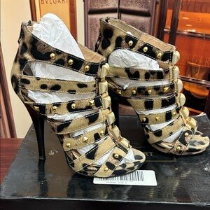 Colin Stuart Leopard Strappy Heels with Gold Studs